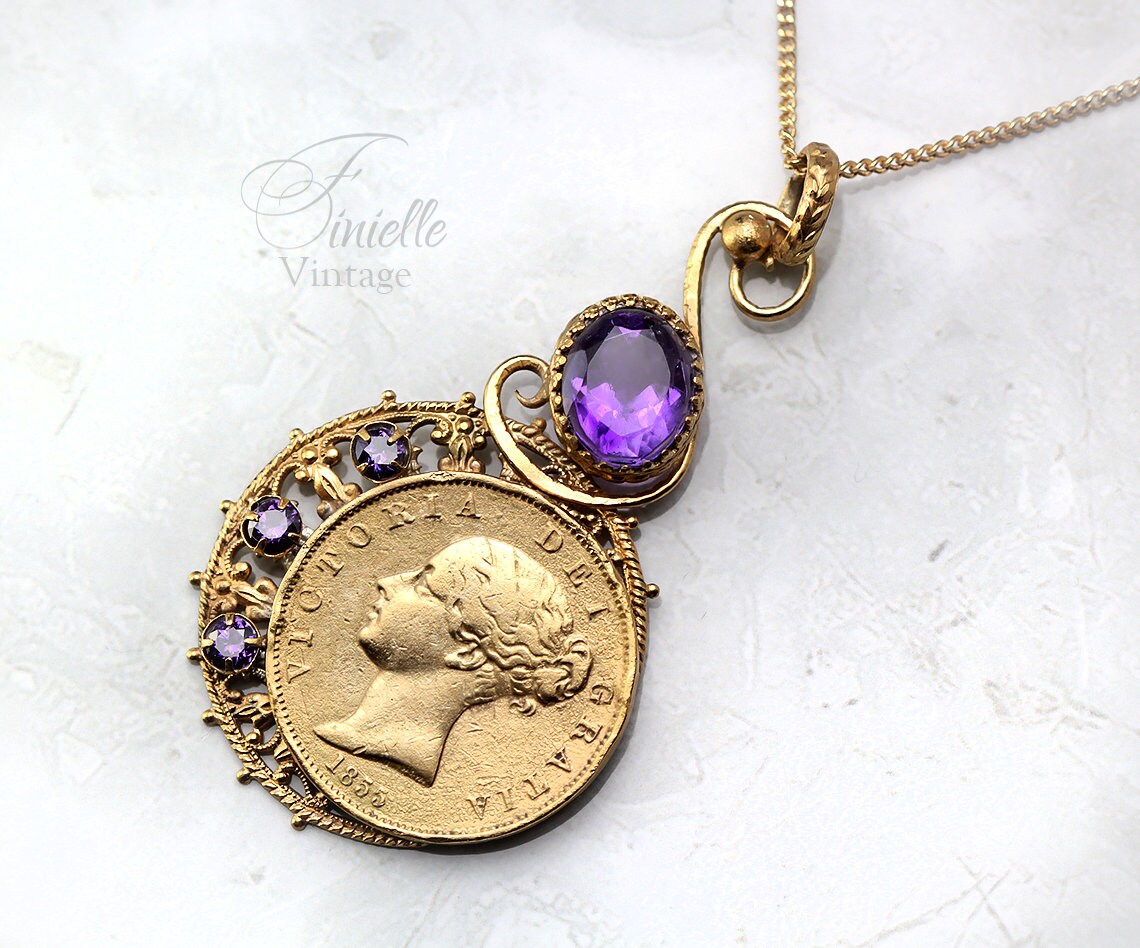 Antique Queen Victoria Young Head 1855 Penny Coin Pendant Necklace, Natural Amethyst and Cubic Zirconia, 18Ct Gold Plated, Unique Jewellery