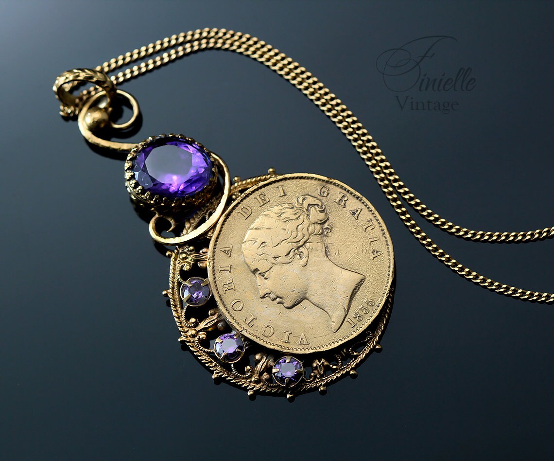 Antique Queen Victoria Young Head 1855 Penny Coin Pendant Necklace, Natural Amethyst and Cubic Zirconia, 18Ct Gold Plated, Unique Jewellery