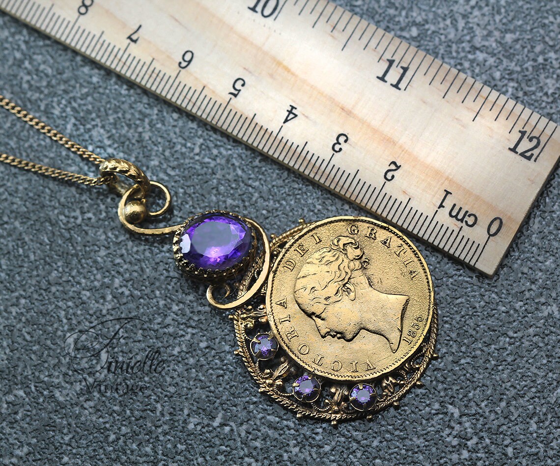 Antique Queen Victoria Young Head 1855 Penny Coin Pendant Necklace, Natural Amethyst and Cubic Zirconia, 18Ct Gold Plated, Unique Jewellery
