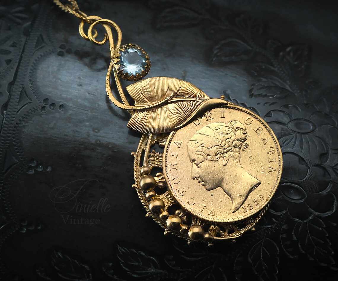 Antique Queen Victoria Young Head 1853 Penny Coin Pendant Necklace, Natural Aquamarine, 24K Gold Plated, Unique Jewellery