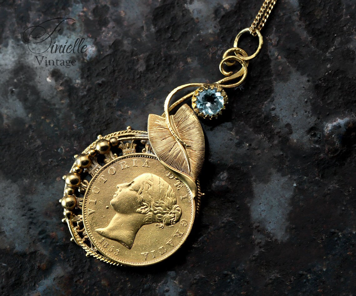 Antique Queen Victoria Young Head 1853 Penny Coin Pendant Necklace, Natural Aquamarine, 24K Gold Plated, Unique Jewellery