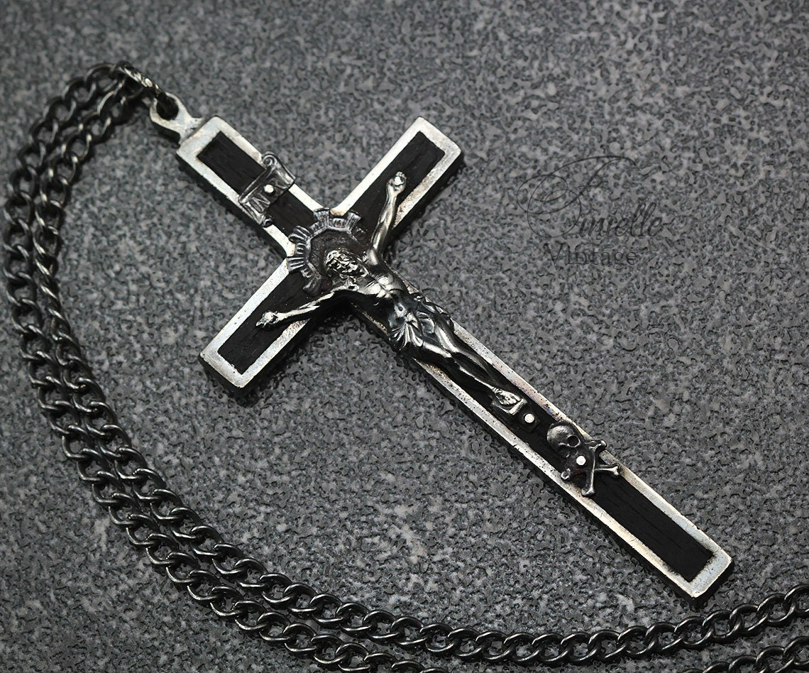 Antique, the Late 1800s Large Crucifix, Cross Catholic Medallion Necklace Pendant, Holy Charm, Silver Plated Brass, Ebony, Victorian, Gothic