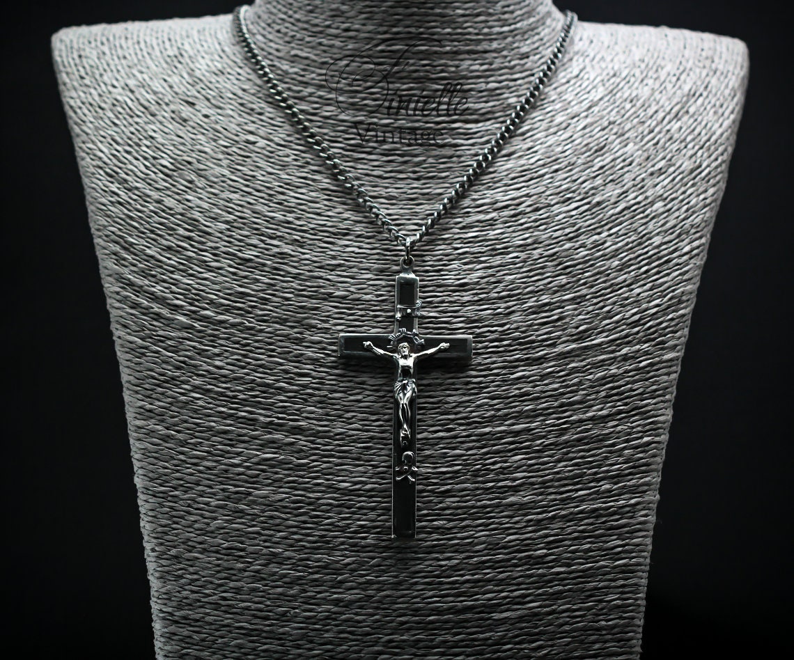 Antique, the Late 1800s Large Crucifix, Cross Catholic Medallion Necklace Pendant, Holy Charm, Silver Plated Brass, Ebony, Victorian, Gothic