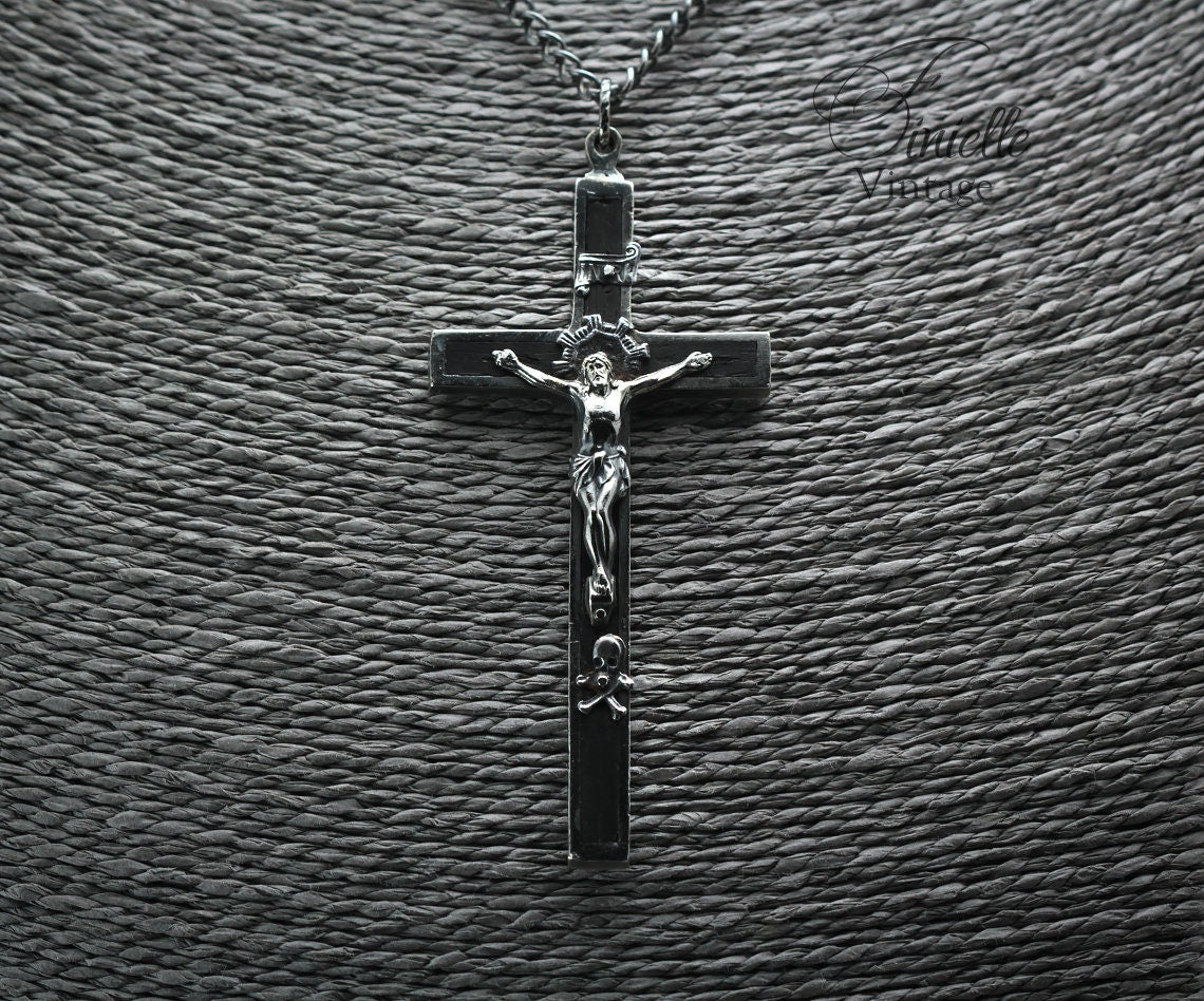 Antique, the Late 1800s Large Crucifix, Cross Catholic Medallion Necklace Pendant, Holy Charm, Silver Plated Brass, Ebony, Victorian, Gothic