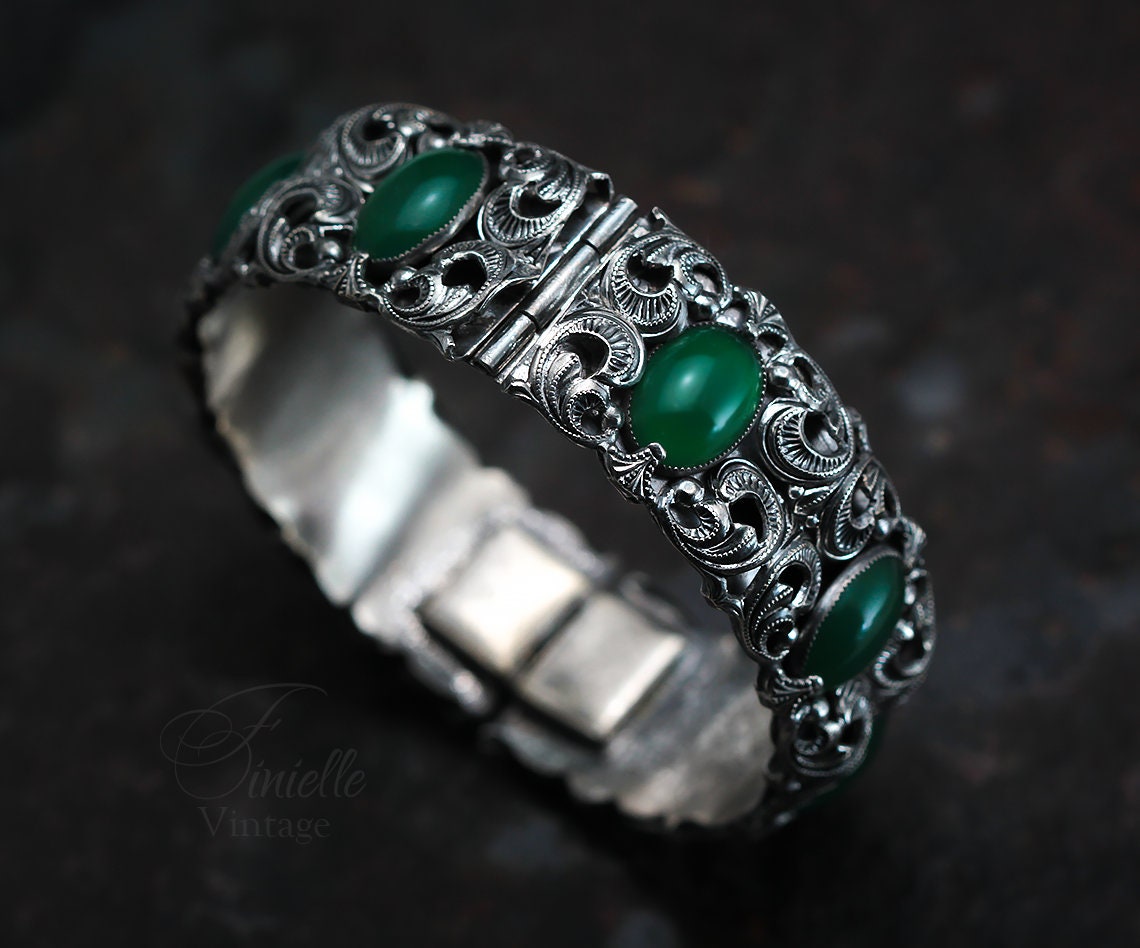 Antique Vintage Art Deco Czech 1920s-1930s Filigree Ornate Bangle Bracelet, Emerald Bohemian Green Glass, Silver Plated Brass, Unique Gift