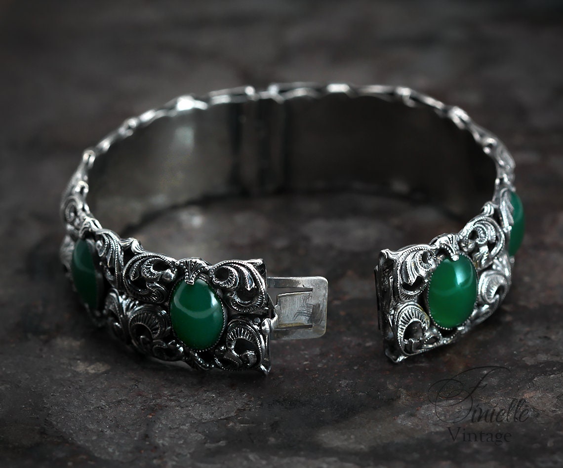 Antique Vintage Art Deco Czech 1920s-1930s Filigree Ornate Bangle Bracelet, Emerald Bohemian Green Glass, Silver Plated Brass, Unique Gift