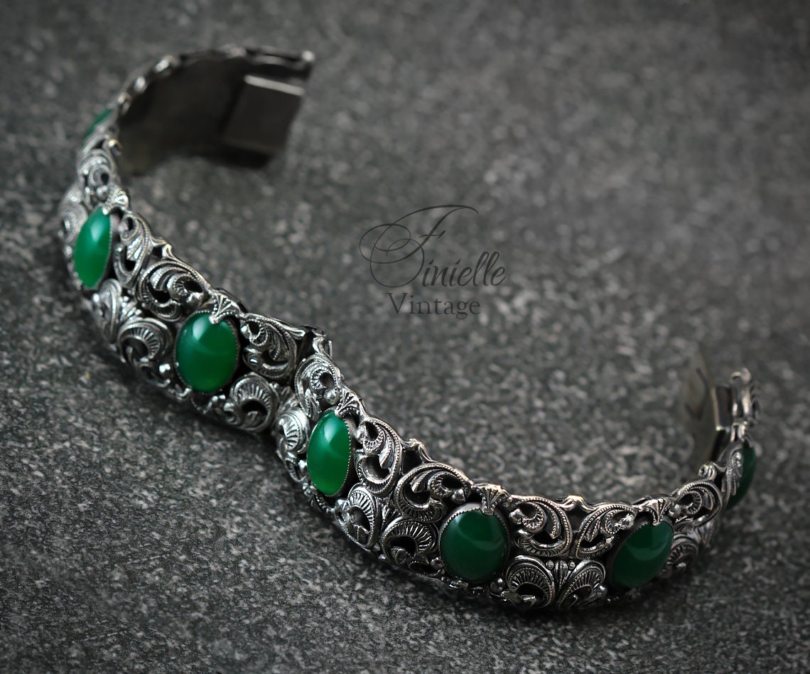 Antique Vintage Art Deco Czech 1920s-1930s Filigree Ornate Bangle Bracelet, Emerald Bohemian Green Glass, Silver Plated Brass, Unique Gift