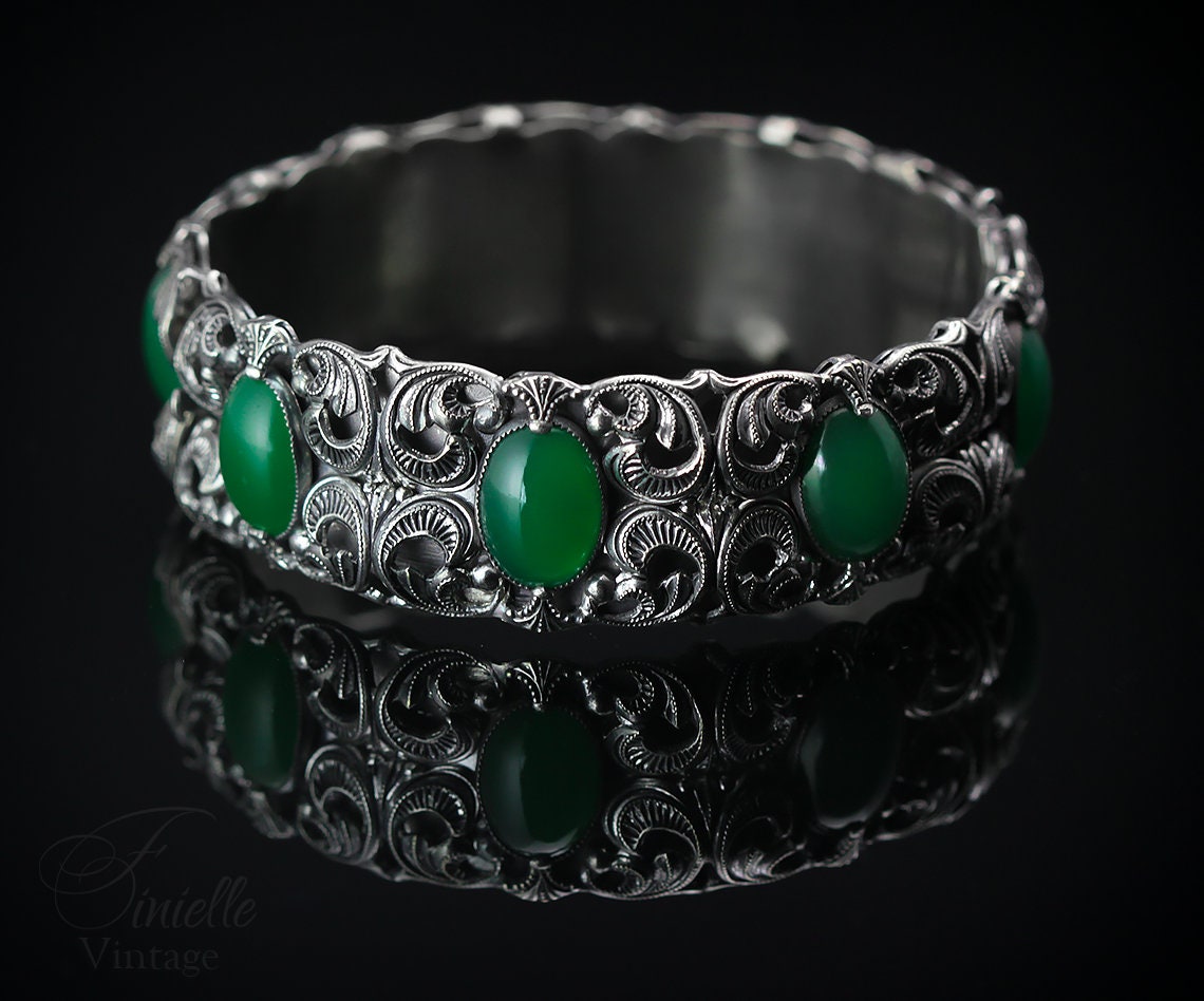 Antique Vintage Art Deco Czech 1920s-1930s Filigree Ornate Bangle Bracelet, Emerald Bohemian Green Glass, Silver Plated Brass, Unique Gift