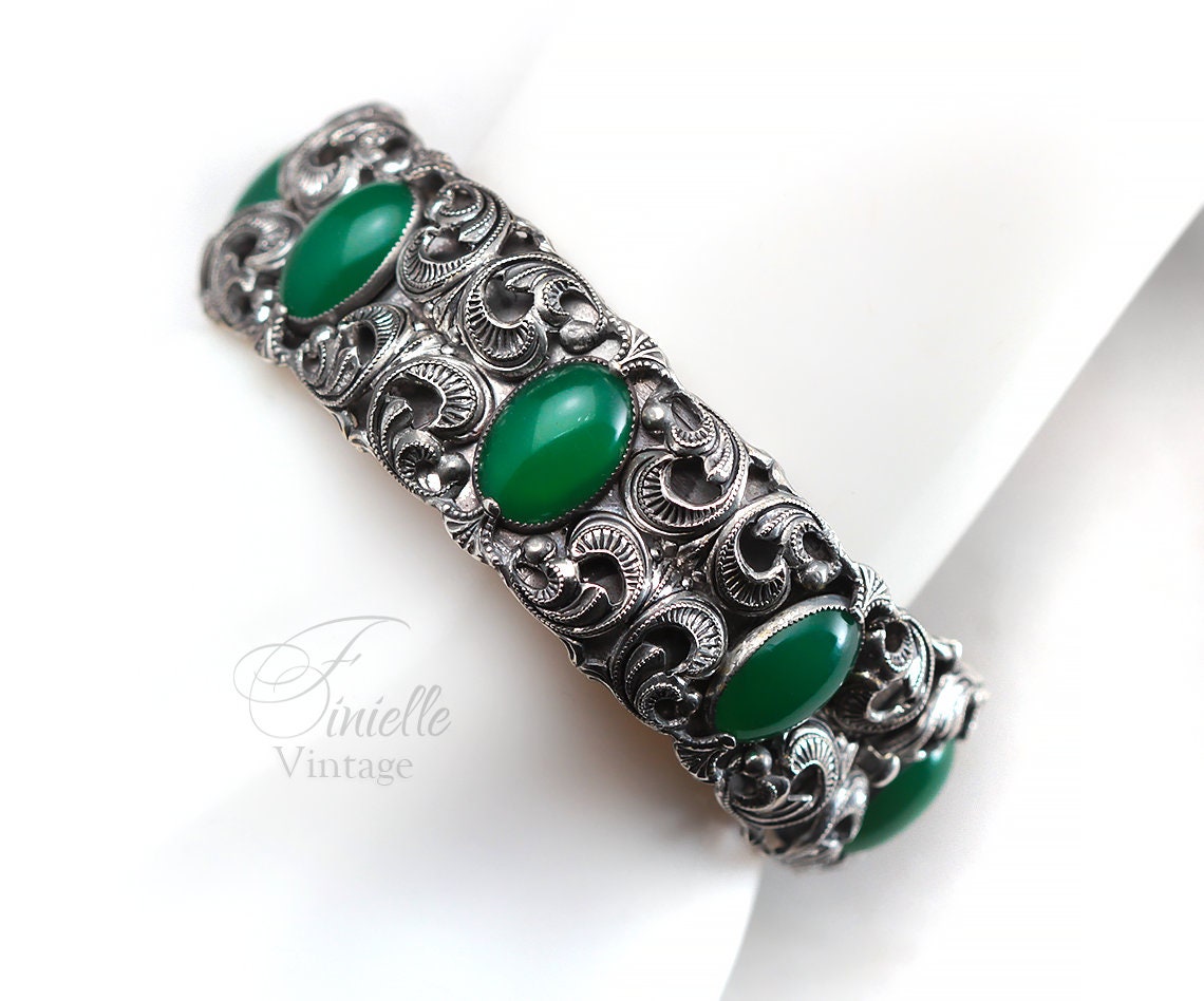 Antique Vintage Art Deco Czech 1920s-1930s Filigree Ornate Bangle Bracelet, Emerald Bohemian Green Glass, Silver Plated Brass, Unique Gift