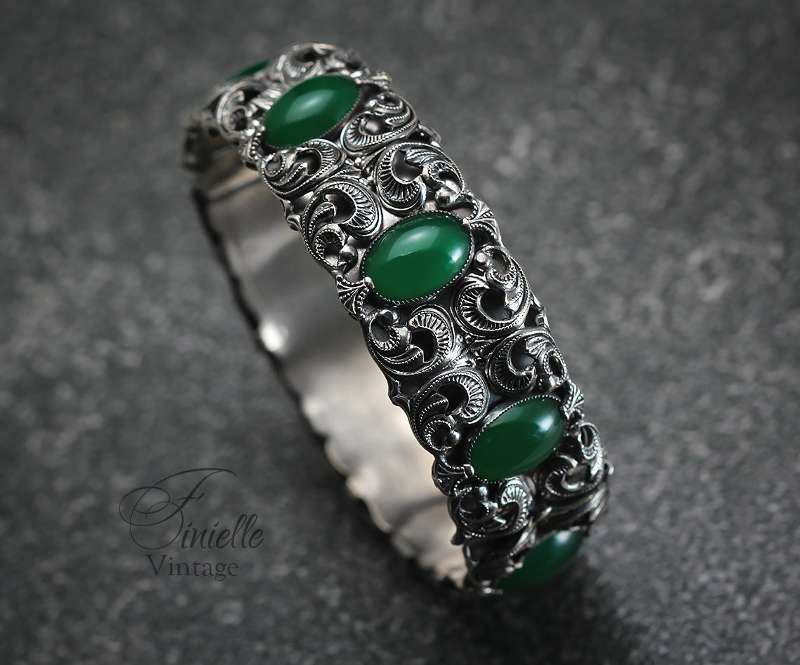 Antique Vintage Art Deco Czech 1920s-1930s Filigree Ornate Bangle Bracelet, Emerald Bohemian Green Glass, Silver Plated Brass, Unique Gift