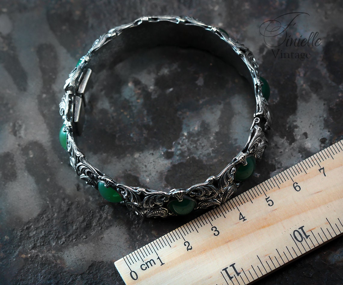 Antique Vintage Art Deco Czech 1920s-1930s Filigree Ornate Bangle Bracelet, Emerald Bohemian Green Glass, Silver Plated Brass, Unique Gift