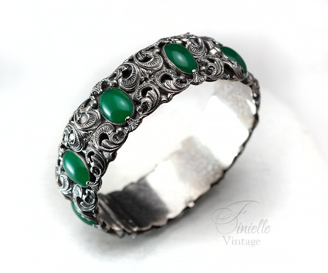 Antique Vintage Art Deco Czech 1920s-1930s Filigree Ornate Bangle Bracelet, Emerald Bohemian Green Glass, Silver Plated Brass, Unique Gift
