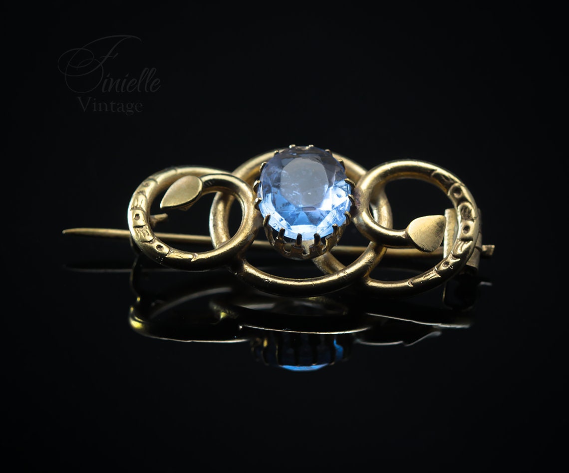 Antique Victorian c1850-1900 Gold-plated Eternal Love Celtic Style Love Knot Brooch Pin, Blue Topaz Glass, Unique Gift Jewellery