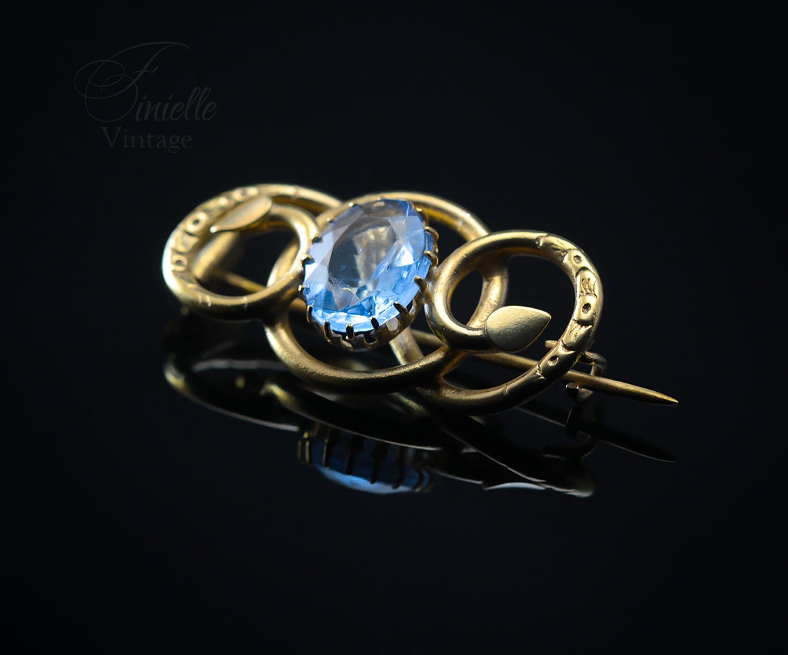 Antique Victorian c1850-1900 Gold-plated Eternal Love Celtic Style Love Knot Brooch Pin, Blue Topaz Glass, Unique Gift Jewellery