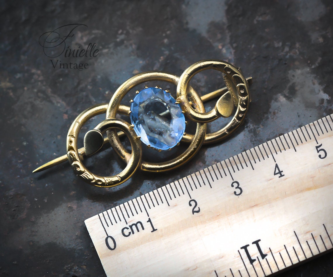 Antique Victorian c1850-1900 Gold-plated Eternal Love Celtic Style Love Knot Brooch Pin, Blue Topaz Glass, Unique Gift Jewellery
