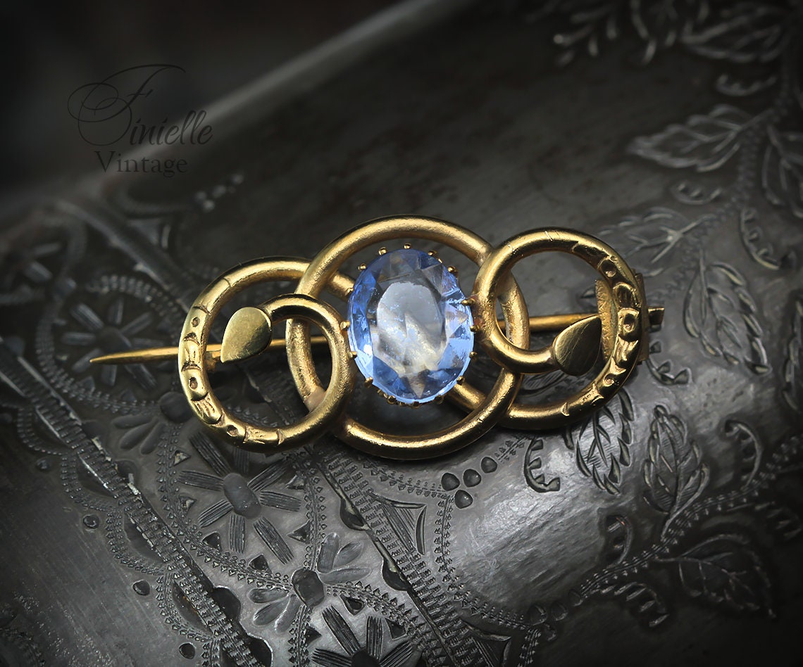 Antique Victorian c1850-1900 Gold-plated Eternal Love Celtic Style Love Knot Brooch Pin, Blue Topaz Glass, Unique Gift Jewellery