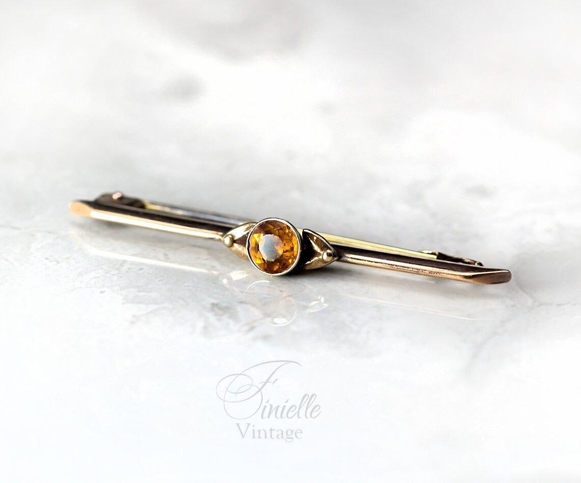 Antique c1910s-20 Edwardian Rolled Rose Gold Bar Brooch, W.BS, Natural Faceted Citrine, Unique Gift Antique Jewelry Jewellery