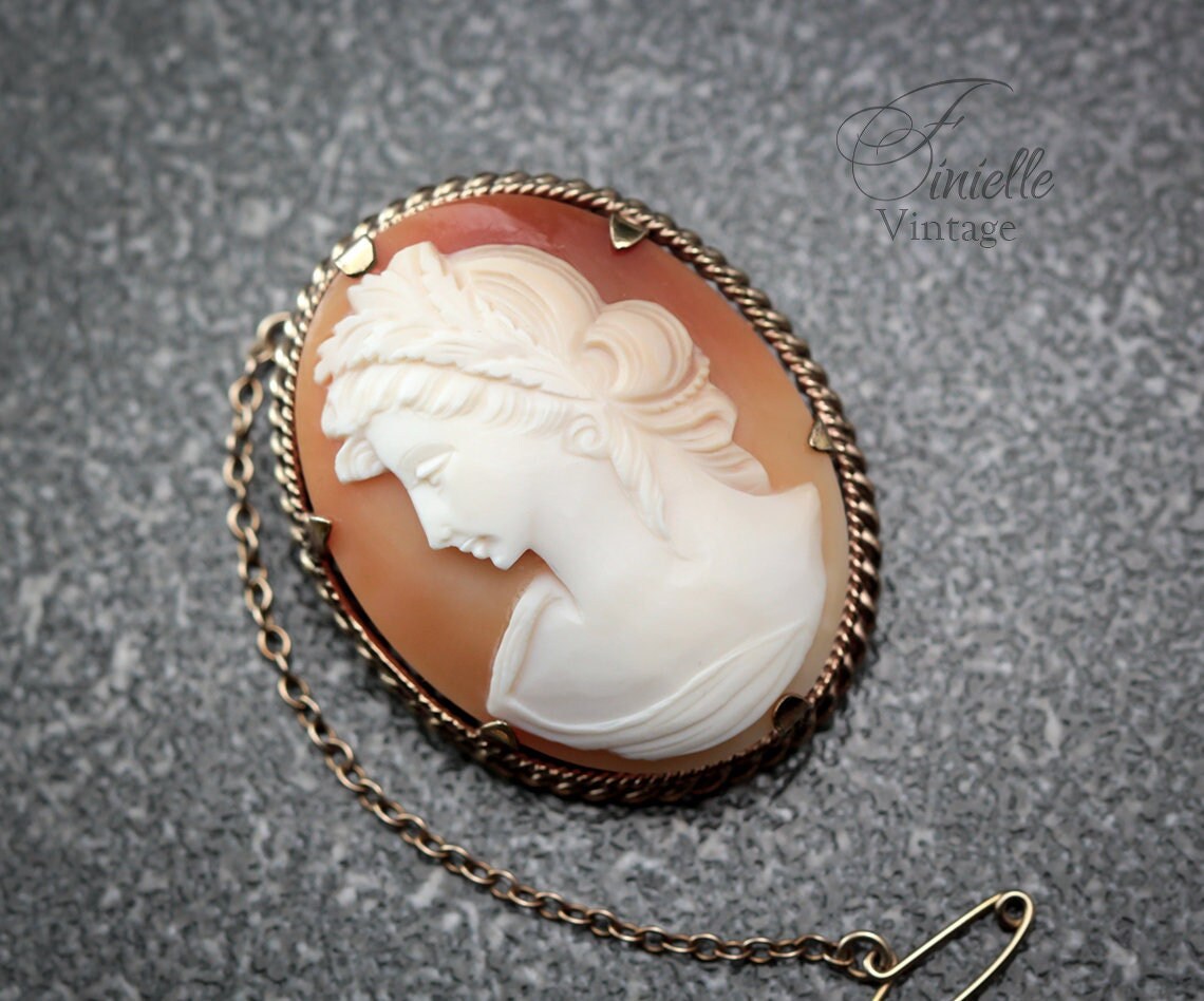 Antique 1870-1890 Victorian Hand Carved 12CT Rolled Gold Shell Cameo Brooch Pin, Stamped <CLEWCO> RG, Unique Gift Jewelry Jewellery