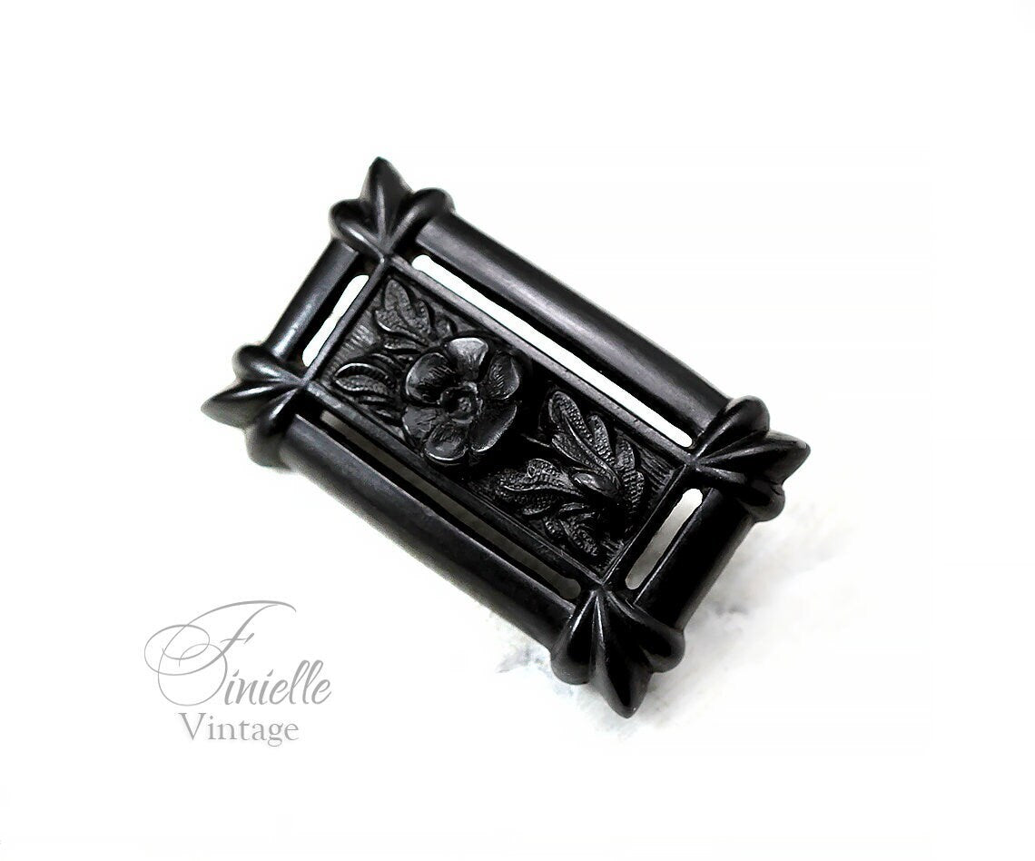 Antique Victorian 1800s Black Mourning Whitby Jet Carved Brooch Pin, Floral Flower Leaves Relief, Antique Goth Jewelry Jewellery