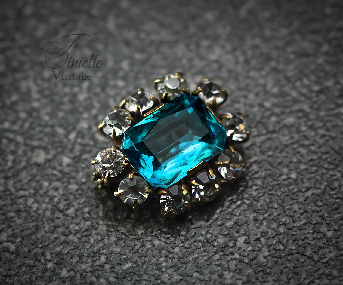 Art Deco Bohemian 1920-1930s Czech Brooch Pin, Blue Glass Topaz, White Crystal Rhinestone, Gilded Brass, Unique Gift Jewelry Jewellery