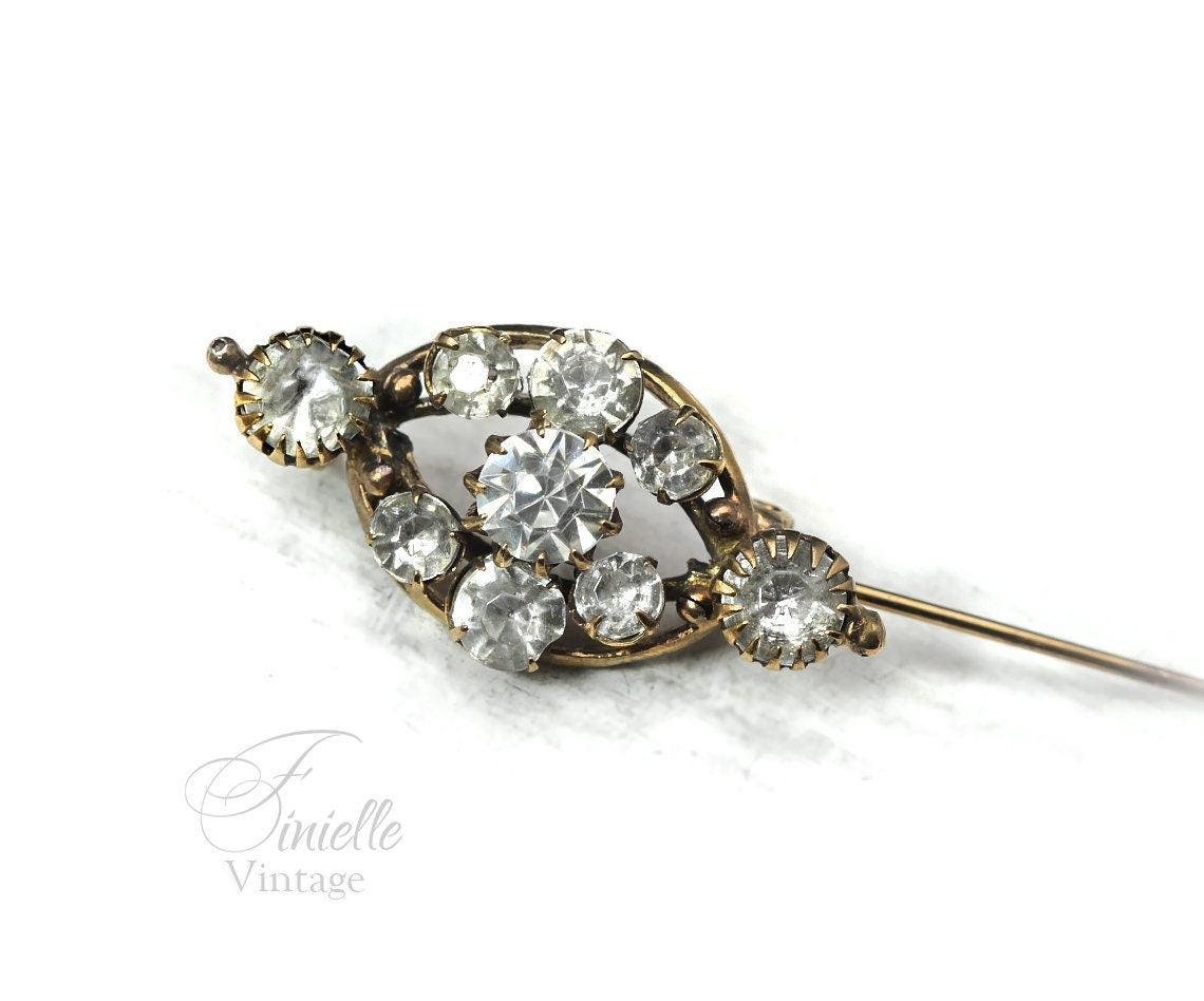 Antique Edwardian Brooch Pin, White Crystal Rhinestones, Gilded Brass, Unique Gift Jewellery Jewelry