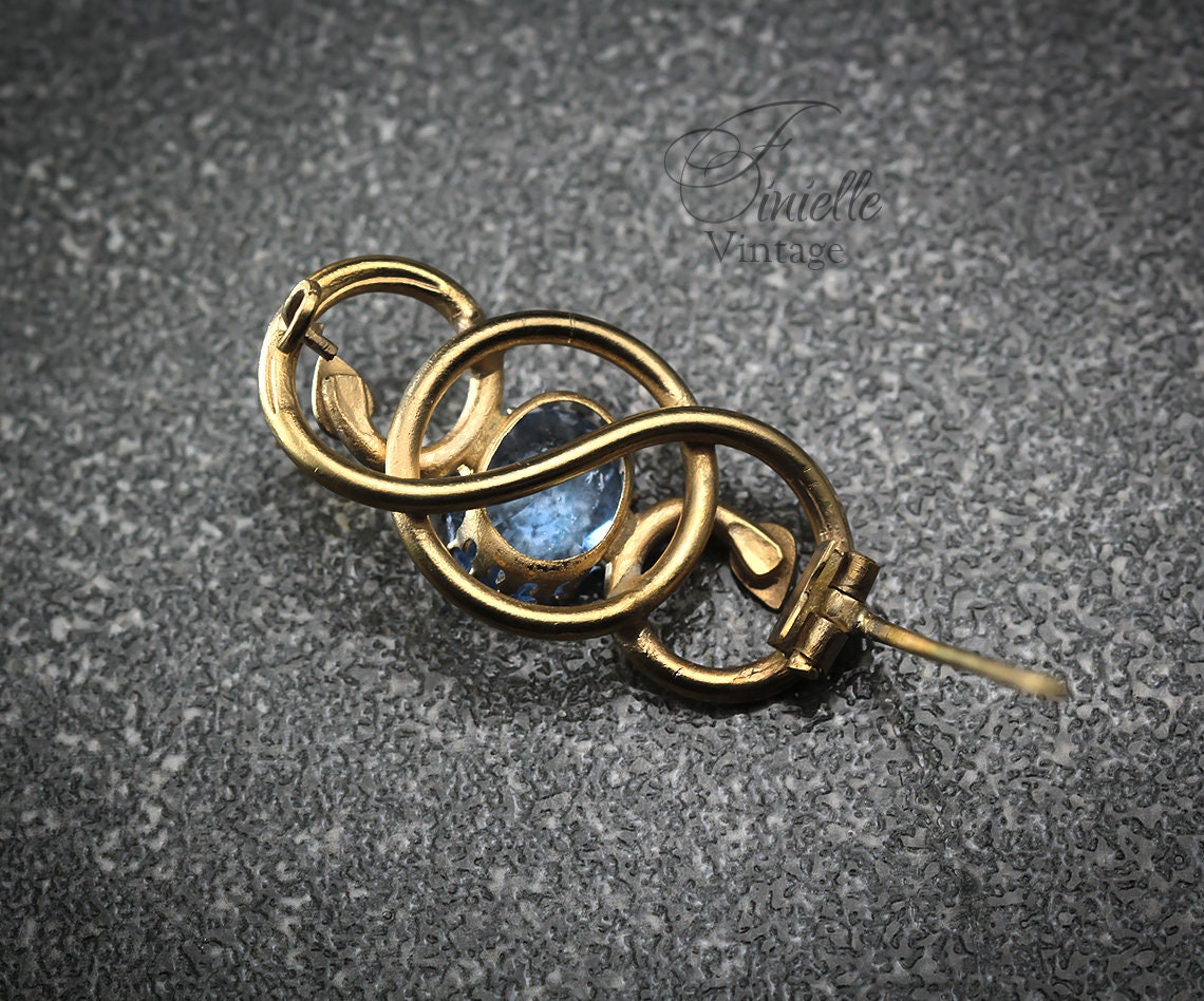 Antique Victorian c1850-1900 Gold-plated Eternal Love Celtic Style Love Knot Brooch Pin, Blue Topaz Glass, Unique Gift Jewellery