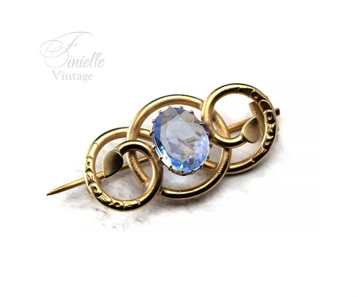 Antique Victorian c1850-1900 Gold-plated Eternal Love Celtic Style Love Knot Brooch Pin, Blue Topaz Glass, Unique Gift Jewellery
