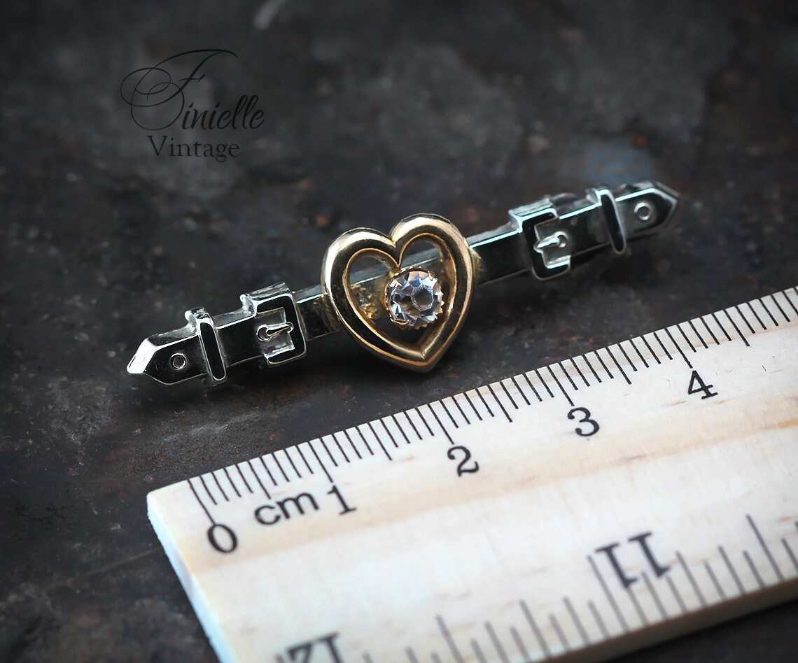Antique Edwardian c1910 Heart, Belt Brooch, Front 9Ct Gold and Silver, Pink Crystal Rhinestone, Antique Vintage Gift Jewelry Jewellery