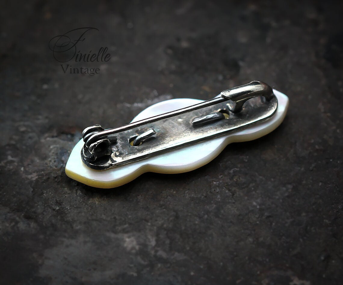 Vintage 1950s Mother of Pearl Shell Brooch Pin, Inscription 'BABY', Silver Plated Brass, Unique Vintage Jewelry Jewellery