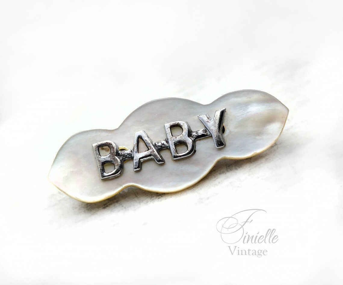 Vintage 1950s Mother of Pearl Shell Brooch Pin, Inscription 'BABY', Silver Plated Brass, Unique Vintage Jewelry Jewellery