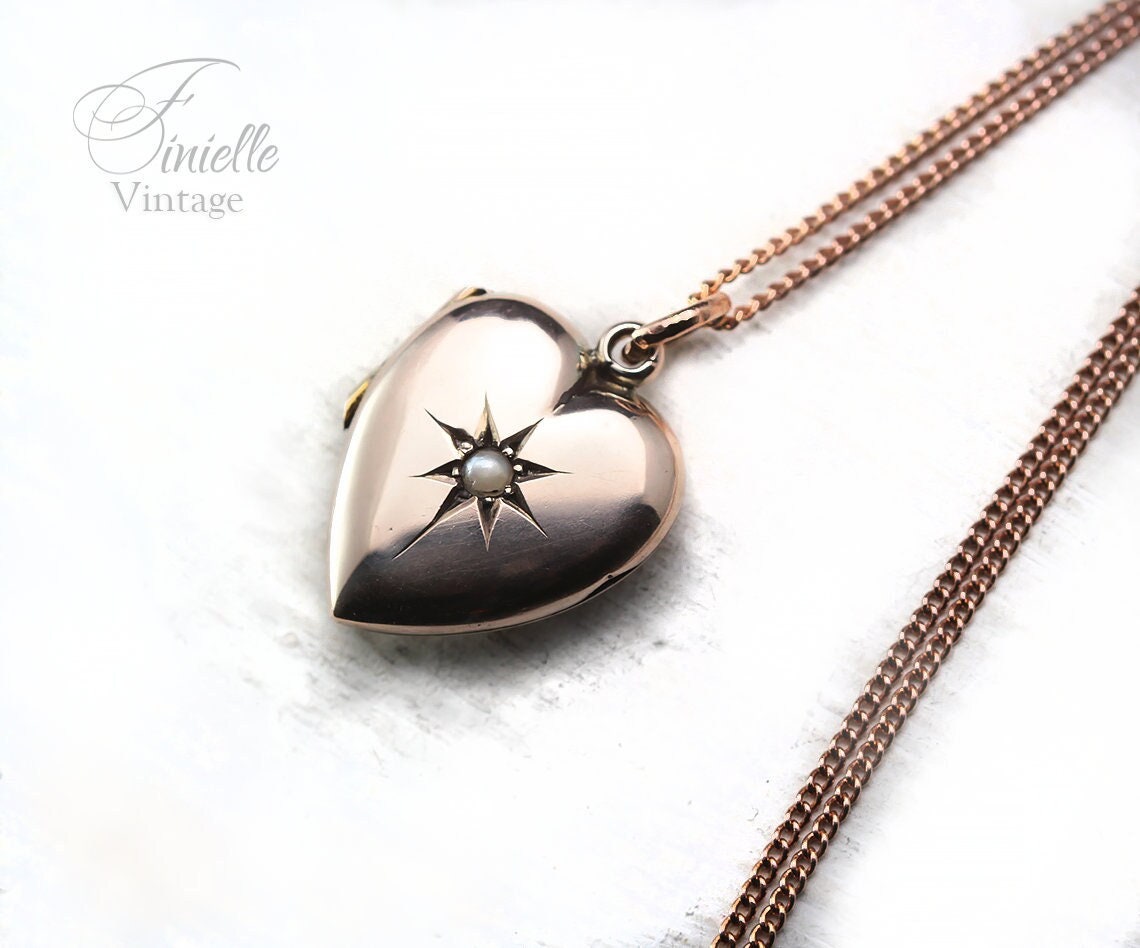 Antique Rose Gold Filled 1880-1910 Victorian Edwardian Heart Love Charm Locket Pendant Necklace, Rose Gold Plated 18" Chain, Unique Gift