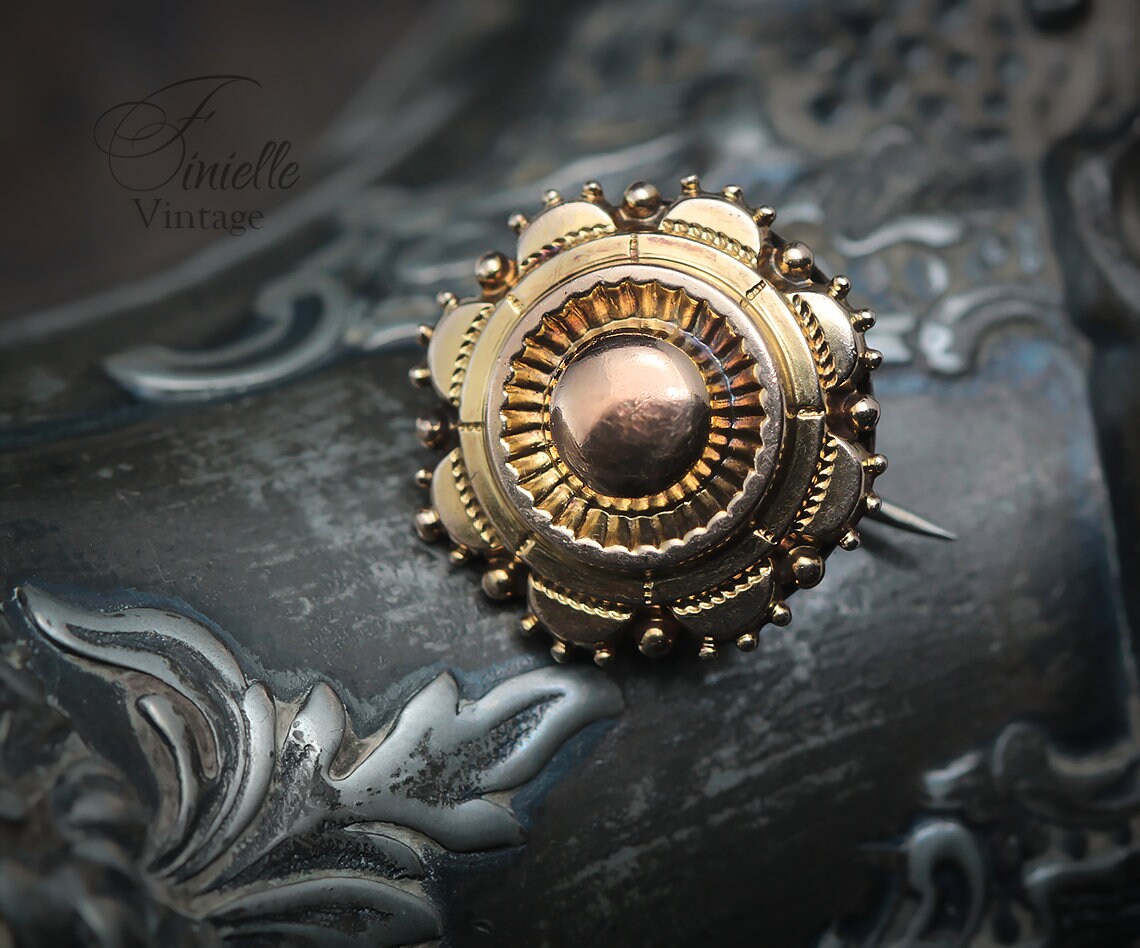 Antique Victorian 1860-1880s Etruscan Revival 9Ct Yellow Rose Gold Small Brooch Pin, Unique Gift Antique Jewelry Jewellery