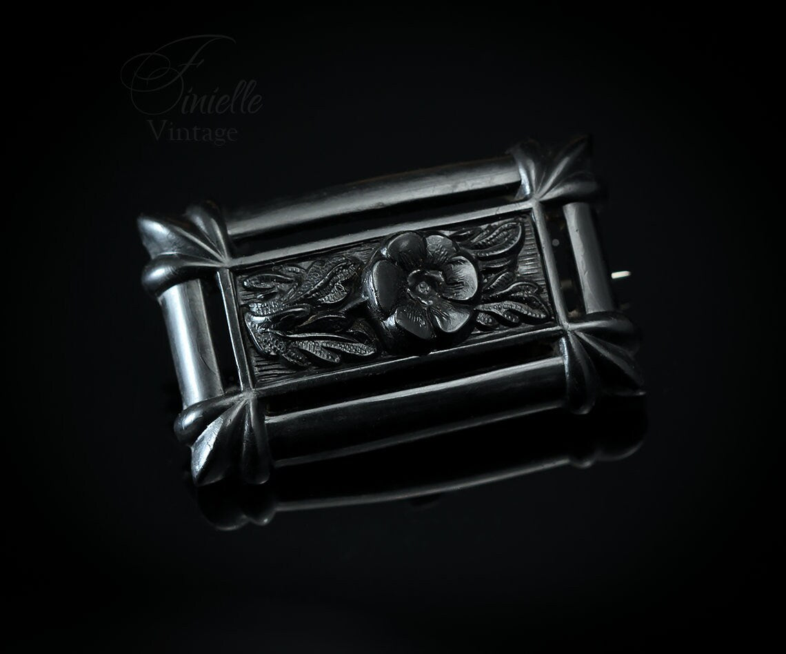Antique Victorian 1800s Black Mourning Whitby Jet Carved Brooch Pin, Floral Flower Leaves Relief, Antique Goth Jewelry Jewellery