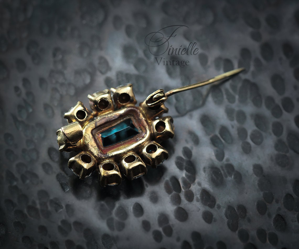 Art Deco Bohemian 1920-1930s Czech Brooch Pin, Blue Glass Topaz, White Crystal Rhinestone, Gilded Brass, Unique Gift Jewelry Jewellery
