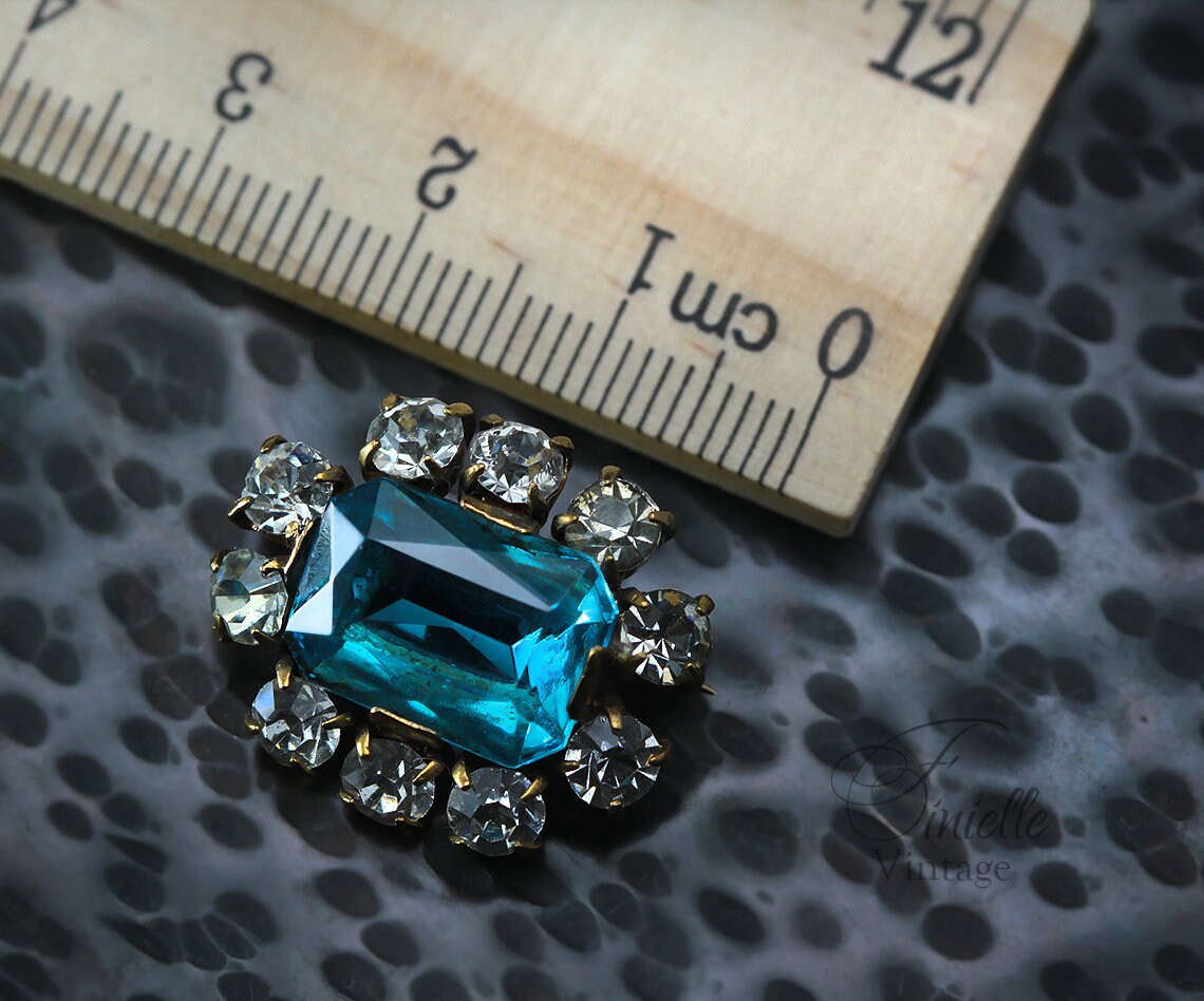 Art Deco Bohemian 1920-1930s Czech Brooch Pin, Blue Glass Topaz, White Crystal Rhinestone, Gilded Brass, Unique Gift Jewelry Jewellery