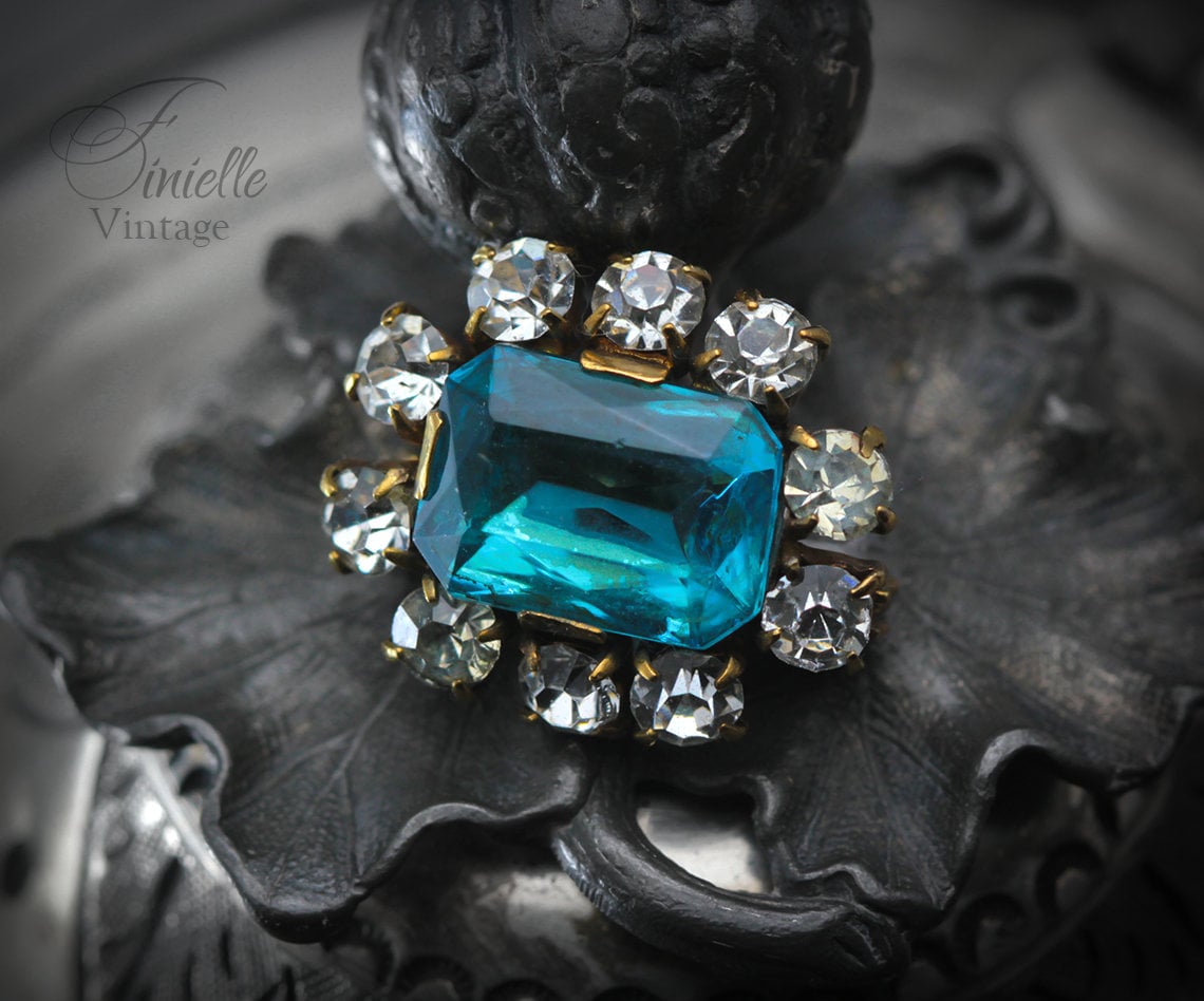 Art Deco Bohemian 1920-1930s Czech Brooch Pin, Blue Glass Topaz, White Crystal Rhinestone, Gilded Brass, Unique Gift Jewelry Jewellery