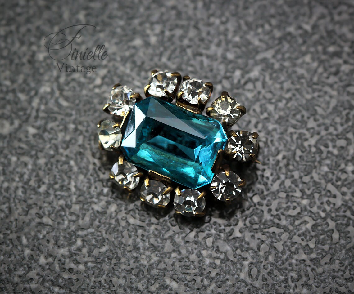 Art Deco Bohemian 1920-1930s Czech Brooch Pin, Blue Glass Topaz, White Crystal Rhinestone, Gilded Brass, Unique Gift Jewelry Jewellery