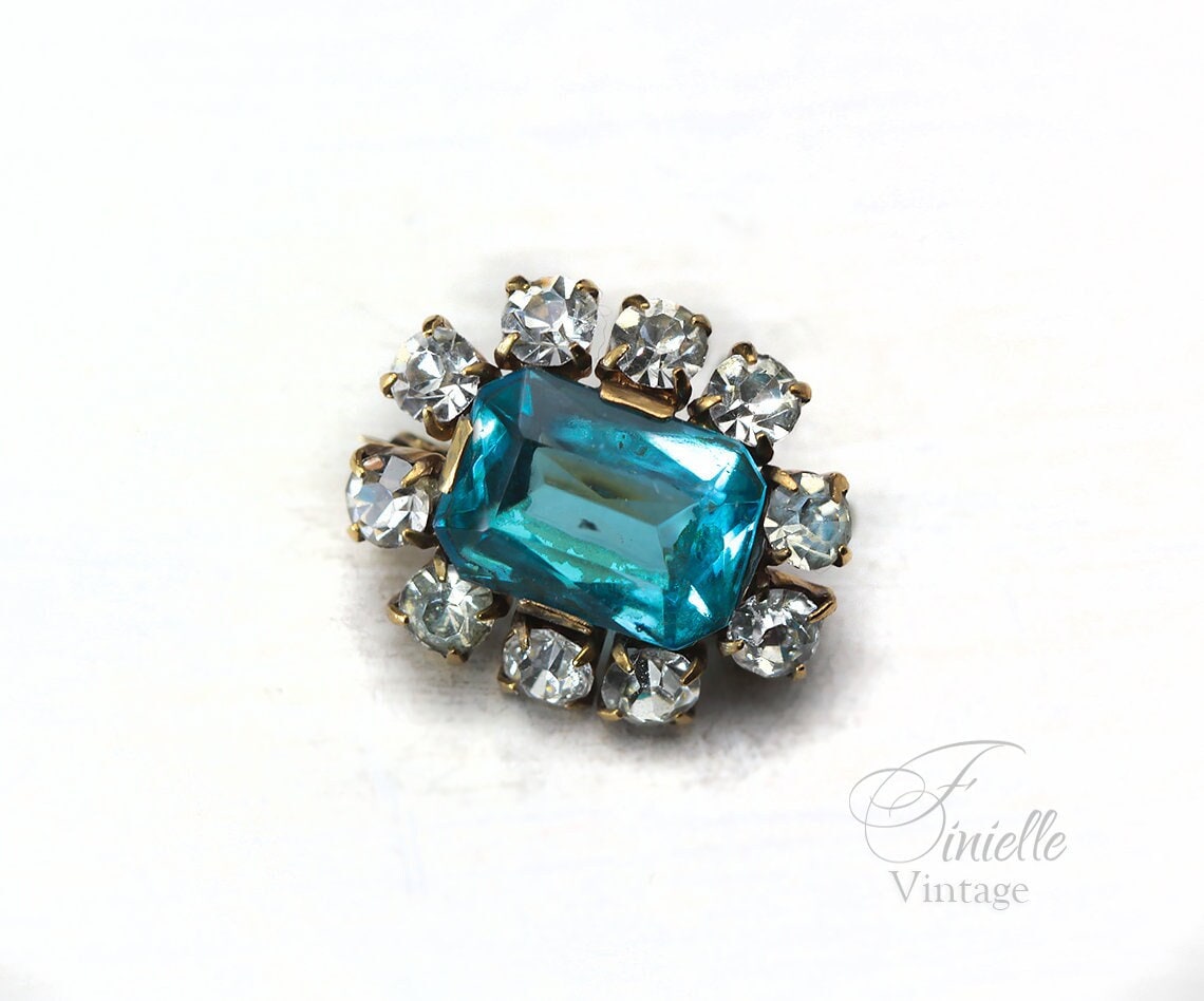Art Deco Bohemian 1920-1930s Czech Brooch Pin, Blue Glass Topaz, White Crystal Rhinestone, Gilded Brass, Unique Gift Jewelry Jewellery