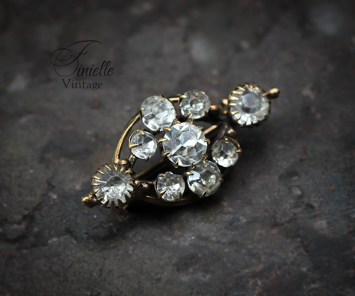 Antique Edwardian Brooch Pin, White Crystal Rhinestones, Gilded Brass, Unique Gift Jewellery Jewelry