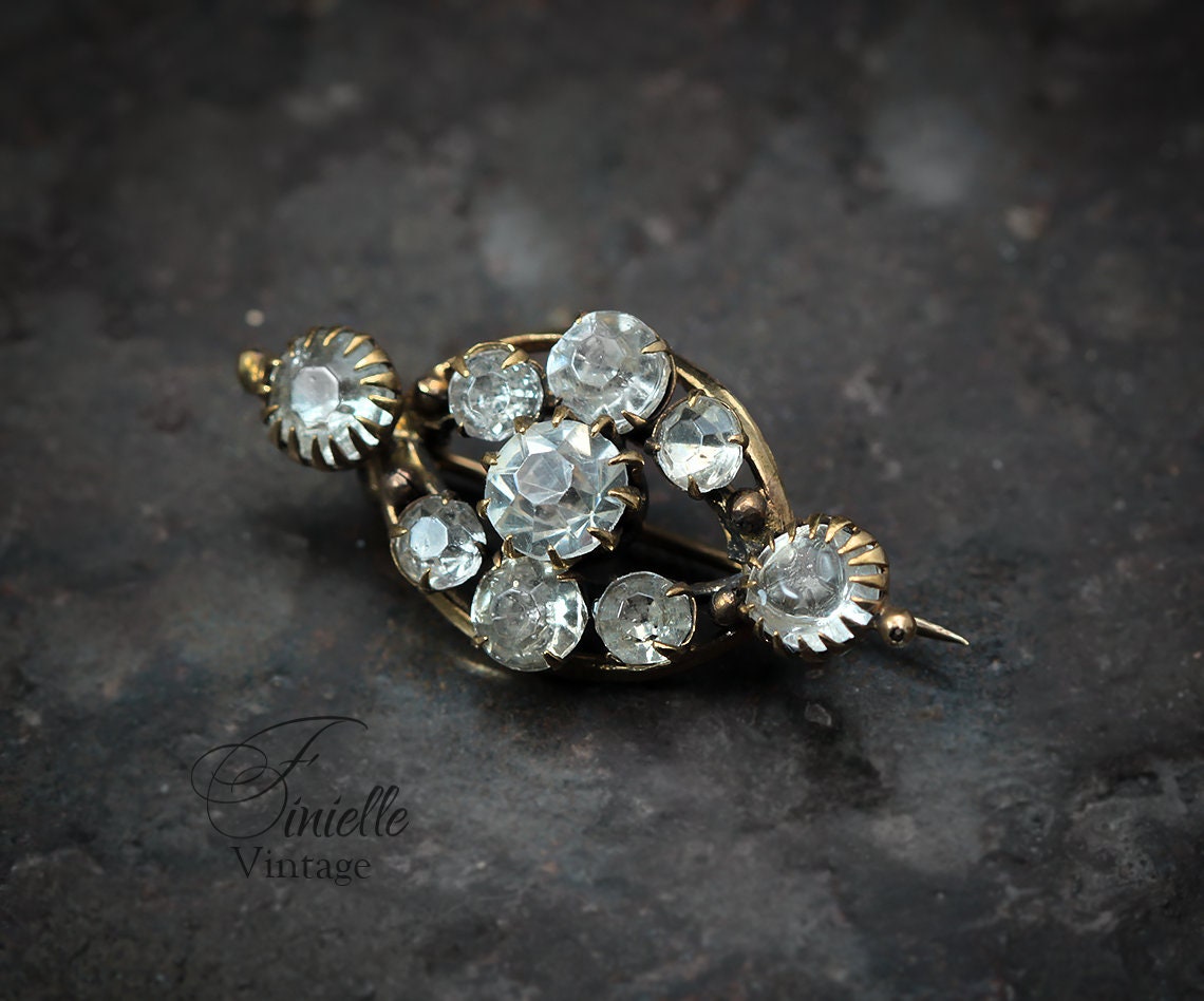 Antique Edwardian Brooch Pin, White Crystal Rhinestones, Gilded Brass, Unique Gift Jewellery Jewelry