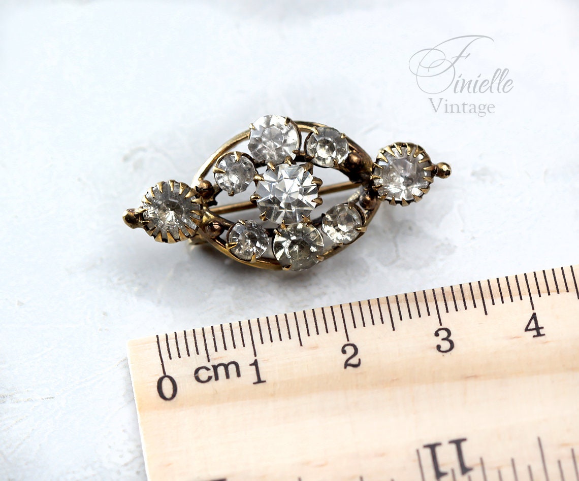 Antique Edwardian Brooch Pin, White Crystal Rhinestones, Gilded Brass, Unique Gift Jewellery Jewelry