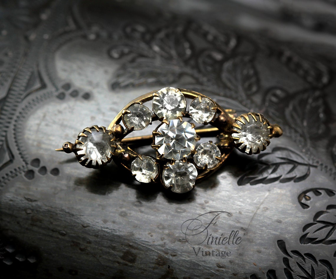 Antique Edwardian Brooch Pin, White Crystal Rhinestones, Gilded Brass, Unique Gift Jewellery Jewelry