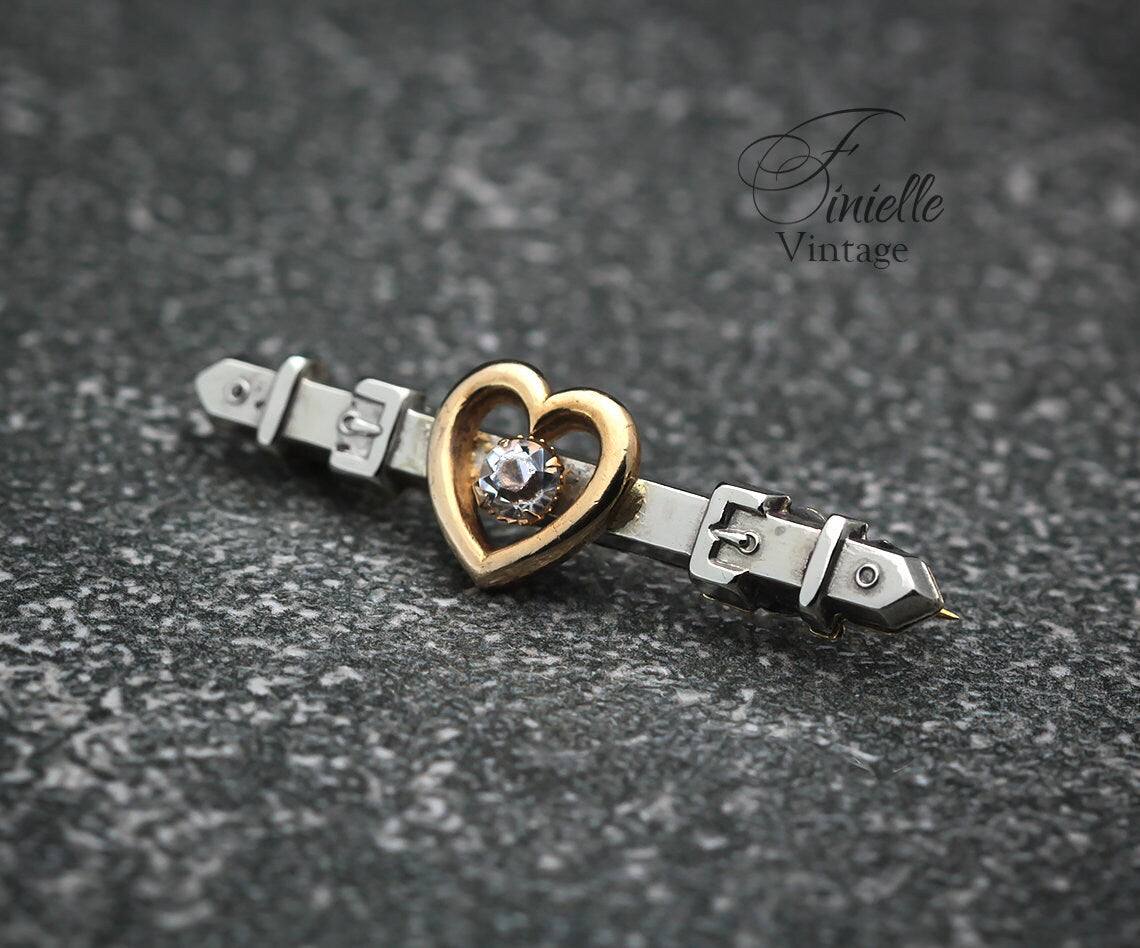 Antique Edwardian c1910 Heart, Belt Brooch, Front 9Ct Gold and Silver, Pink Crystal Rhinestone, Antique Vintage Gift Jewelry Jewellery