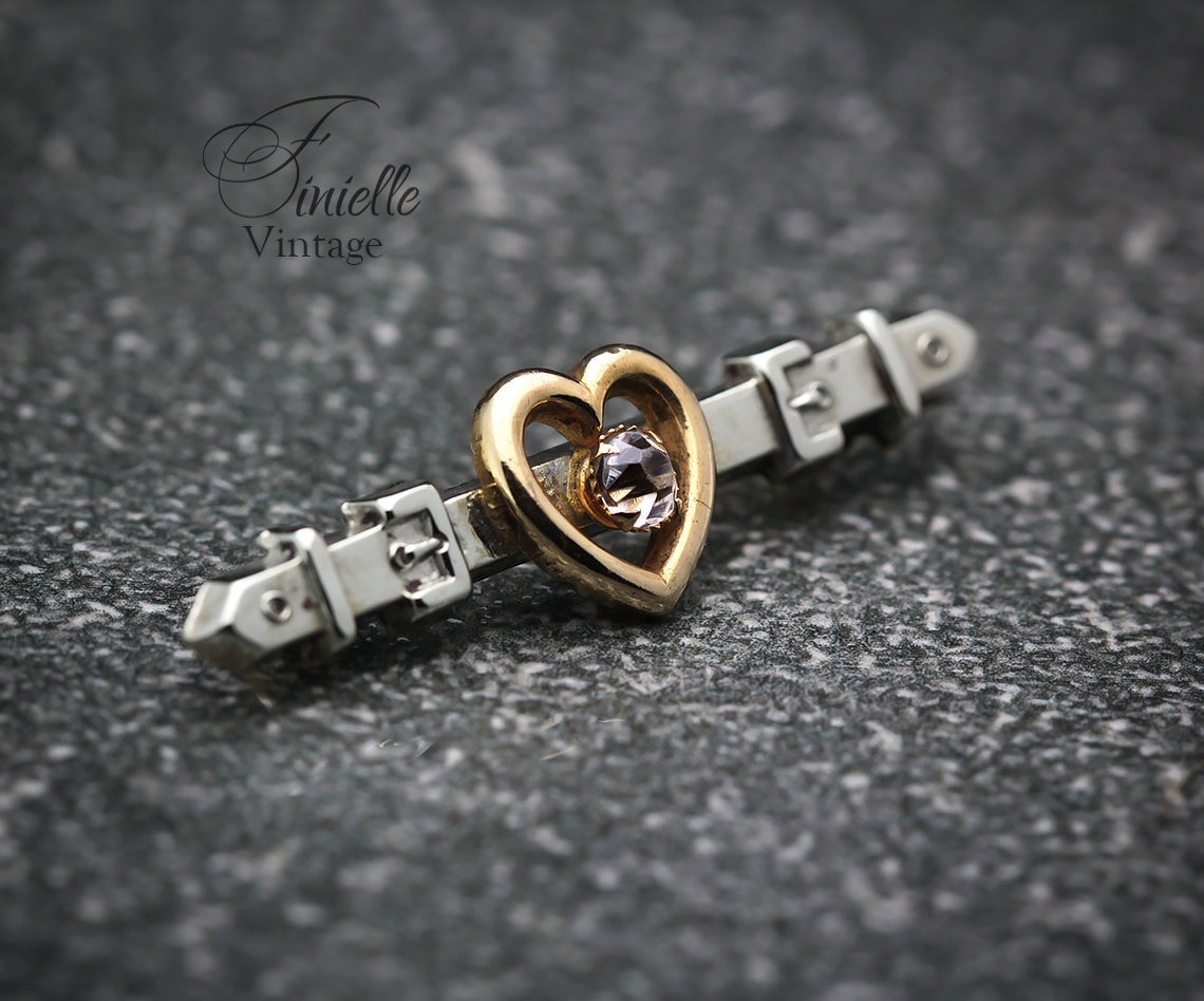 Antique Edwardian c1910 Heart, Belt Brooch, Front 9Ct Gold and Silver, Pink Crystal Rhinestone, Antique Vintage Gift Jewelry Jewellery
