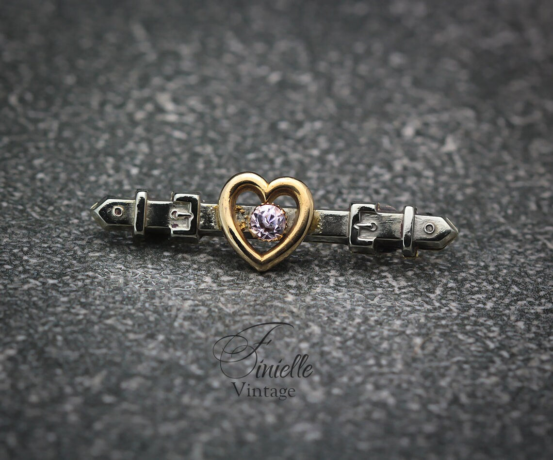 Antique Edwardian c1910 Heart, Belt Brooch, Front 9Ct Gold and Silver, Pink Crystal Rhinestone, Antique Vintage Gift Jewelry Jewellery