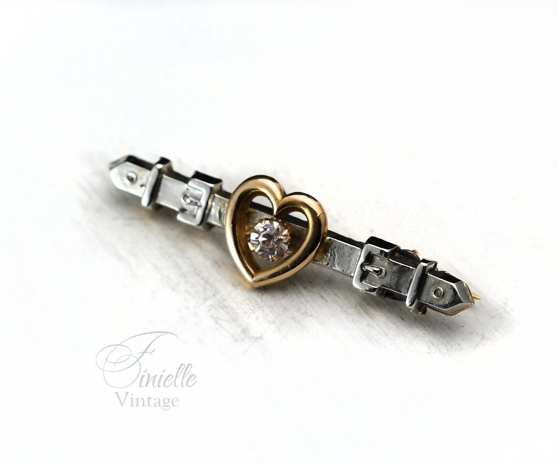 Antique Edwardian c1910 Heart, Belt Brooch, Front 9Ct Gold and Silver, Pink Crystal Rhinestone, Antique Vintage Gift Jewelry Jewellery