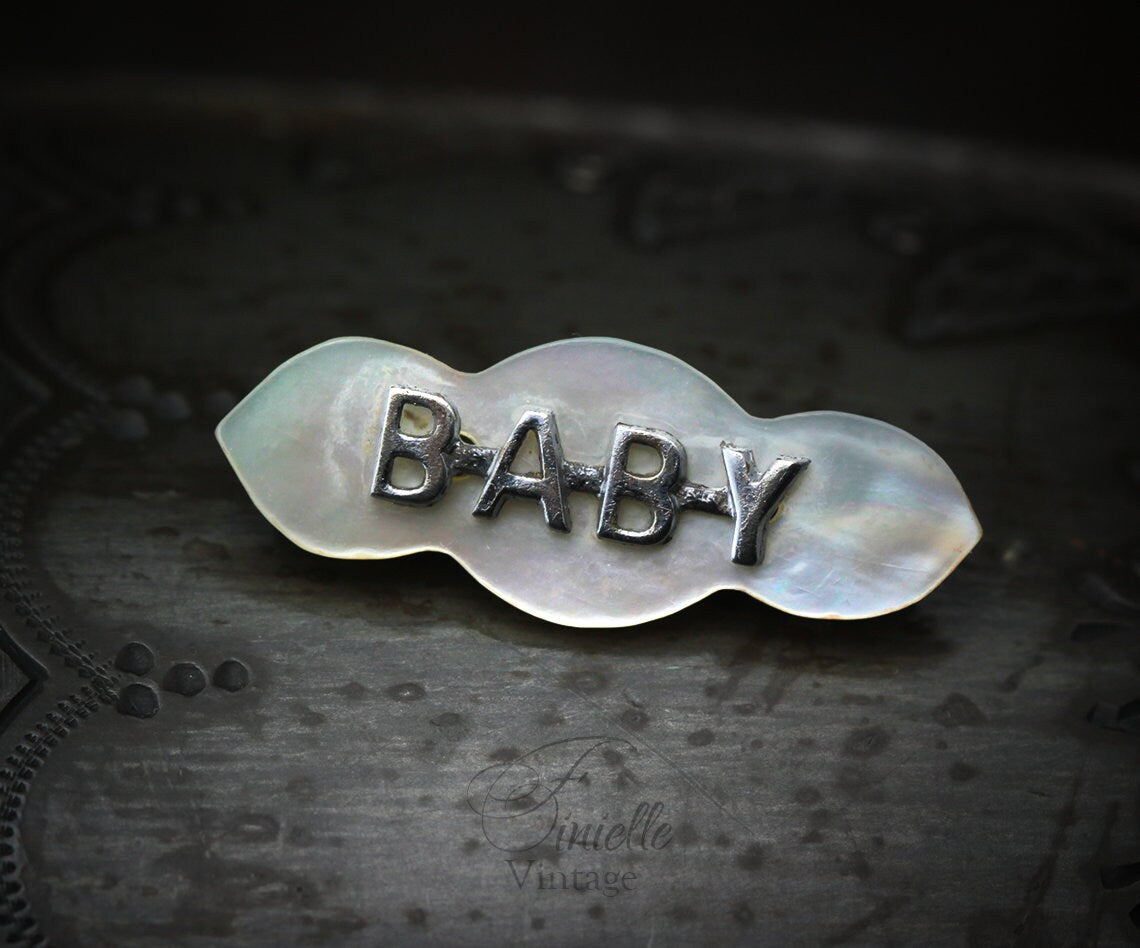 Vintage 1950s Mother of Pearl Shell Brooch Pin, Inscription 'BABY', Silver Plated Brass, Unique Vintage Jewelry Jewellery