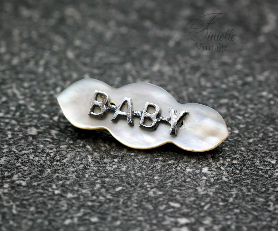 Vintage 1950s Mother of Pearl Shell Brooch Pin, Inscription 'BABY', Silver Plated Brass, Unique Vintage Jewelry Jewellery