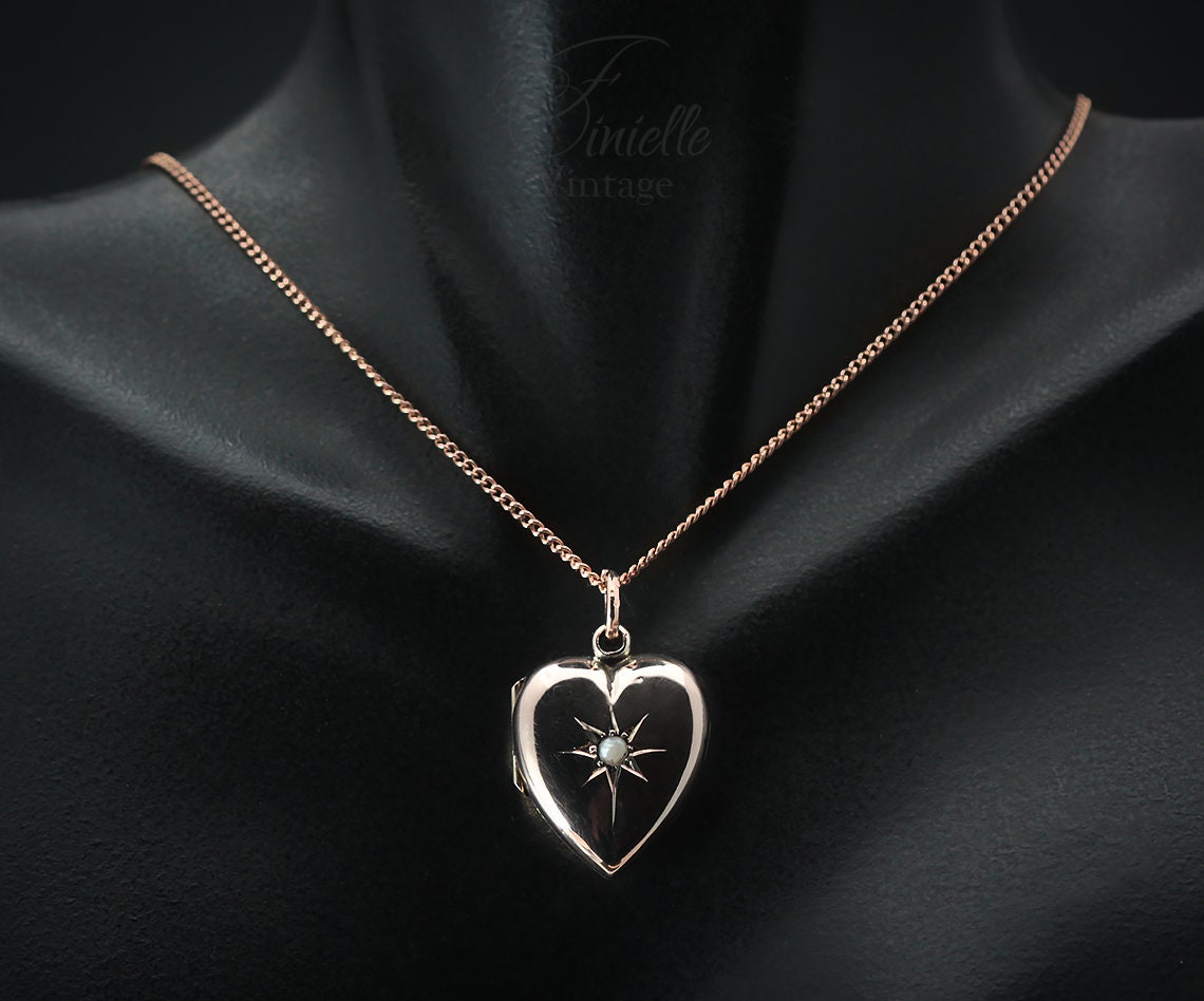Antique Rose Gold Filled 1880-1910 Victorian Edwardian Heart Love Charm Locket Pendant Necklace, Rose Gold Plated 18" Chain, Unique Gift