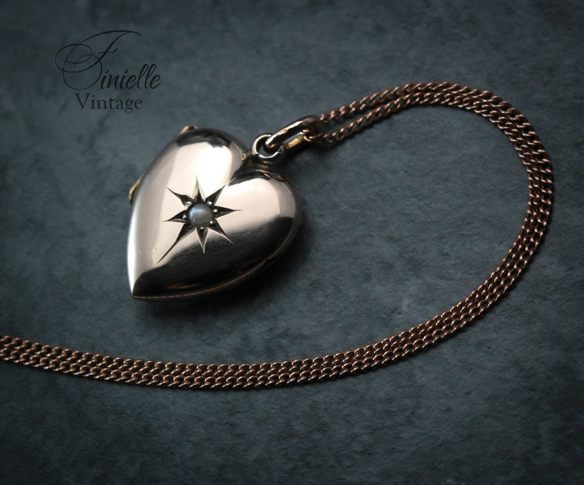 Antique Rose Gold Filled 1880-1910 Victorian Edwardian Heart Love Charm Locket Pendant Necklace, Rose Gold Plated 18" Chain, Unique Gift